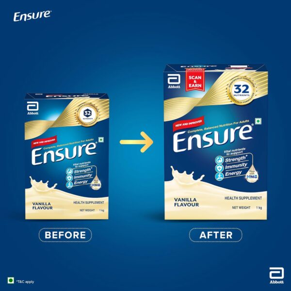 Ensure Complete, Balanced Nutrition Drink Powder For Adults 1Kg, Vanilla Flavour, Now With A Special Ingredient Hmb And 32 Essential Nutrients To Help Build & Protect Muscle Strength - Image 2
