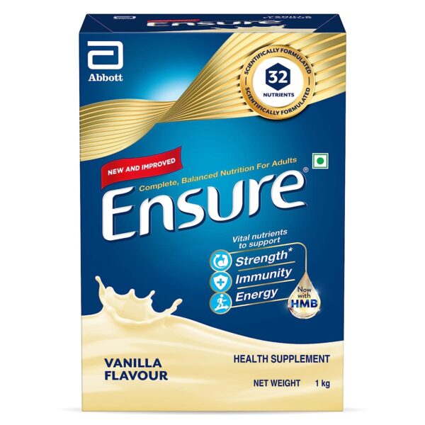 Ensure Complete, Balanced Nutrition Drink Powder For Adults 1Kg, Vanilla Flavour, Now With A Special Ingredient Hmb And 32 Essential Nutrients To Help Build & Protect Muscle Strength