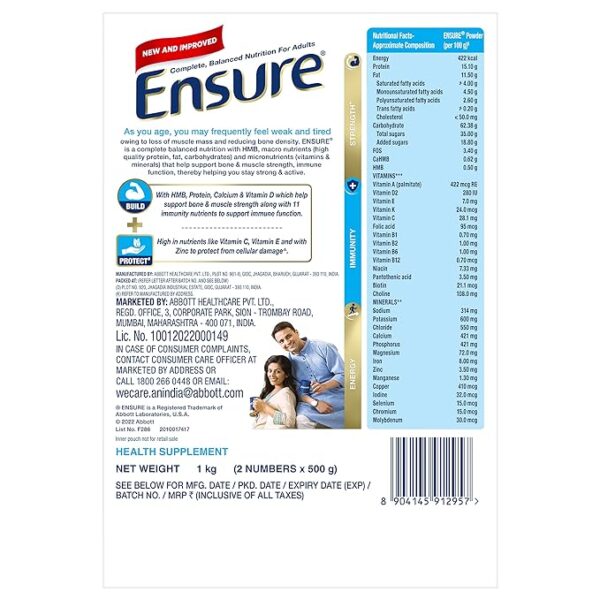 Ensure- Complete Nutrition for Adults with High Protein and 32 immunity nutrients- 1 Kg (Chocolate Flavour) - Image 3